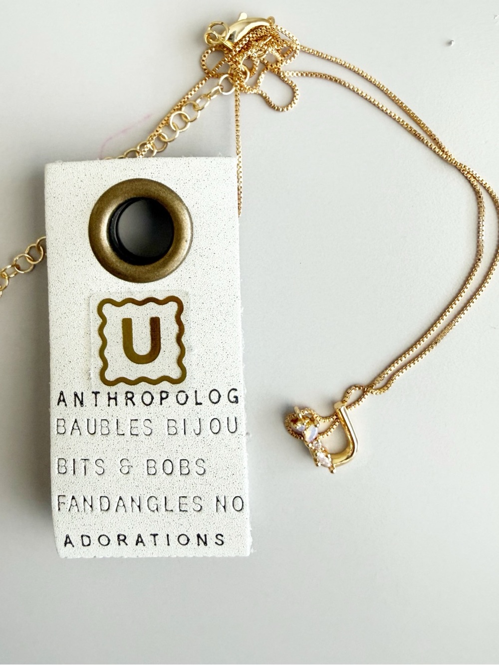 Anthropologie 14k Gold Plated Crystal Initial Monogram Necklace U Pendant